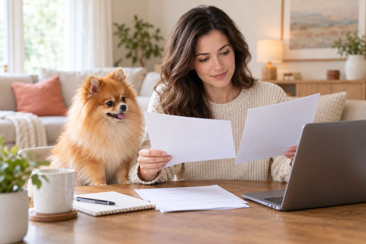 Owner reviewing a document beside a small orange-coated dog